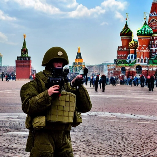 Very high-resolution, 4k, 8k, RTX, DLSS, Ukrainians soldier and tanks in Red Square in Moscow, fire, Ruins, Moscow in ruins, Zelenskiy is staying in front of Camera in soldier suit