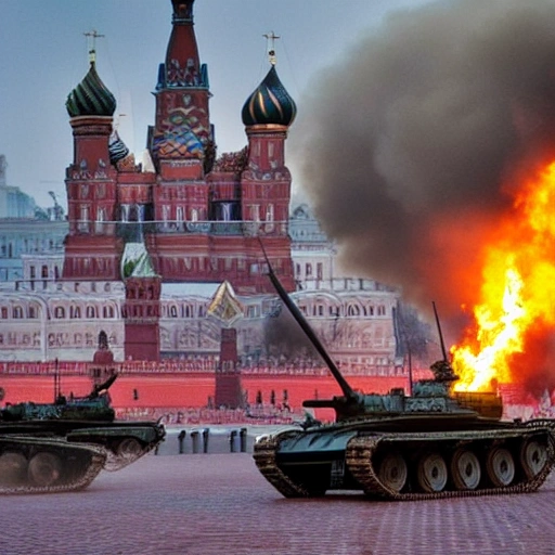 Very high-resolution, 4k, 8k, RTX, DLSS, Ukrainians soldier and tanks in Red Square in Moscow, fire, Ruins, Moscow in ruins,