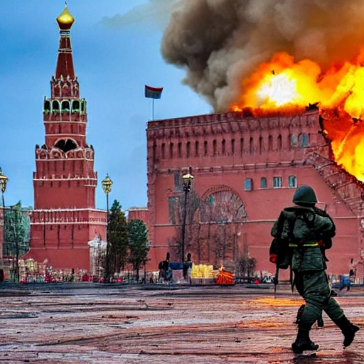 Very high-resolution, 4k, 8k, RTX, DLSS, Ukrainians soldier in Red Square in Moscow, Ruins, Moscow in ruins and fire,Ukrainian flag on build and tanks