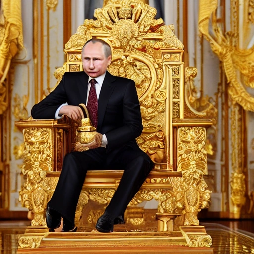 4k,RTX,DLSS,professional photo of Vladimir Putin, President of Russia, holding a gun in his mouth, sitting on a golden throne in his residence, full detail, maximum quality
