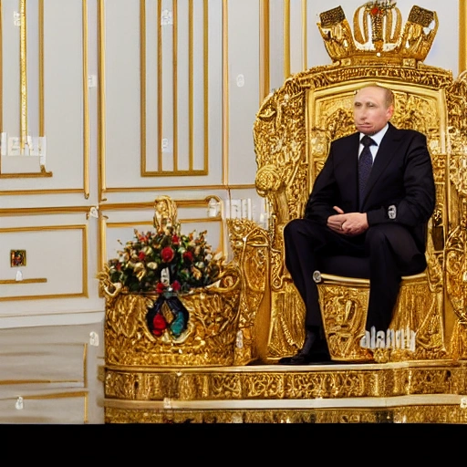 4k,RTX,DLSS,professional photo of Vladimir Putin, President of Russia, dead, sitting on a golden throne in his residence, full detail, maximum quality
