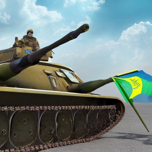 Digital illustration, detailed picture,4k, highest quality,8k,Ukrainian soldiar and tanks with ukrainian flag in Moscow, Aviation