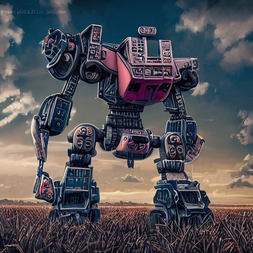 Prompt: Hard edge painting of a giant robot standing amidst a field of destruction, with detailed and intricate machinery visible through torn metal, beautiful lighting illuminating the scene from the setting sun in the background. The robot is proportional and the scene is both cinematic and realistic. Created by artists Banksy and KAWS, 4k, clean, realistic face, realistic eyes, highest quality, realistic hands, trending on artstation, masterpiece