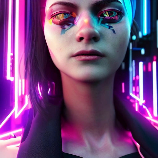 side close up portrait of 1 cyberpunk girl, detailed face, spotlight, cyberpunk city, wired, multicolored, vibrant high contrast, hyperrealistic, photografic, 8k, epic ambient light, octane render