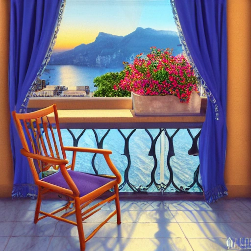 cozy vintage balcony on Amalfi coast, sunset, old chair, curtains,vases, flowers, blanket, cup of tea, table, plants, candles light, isalnds, romatic atmosphere, photo realistic, high definition, high detailed, 8k, 3D, 3D, Trippy, Oil Painting, 3D