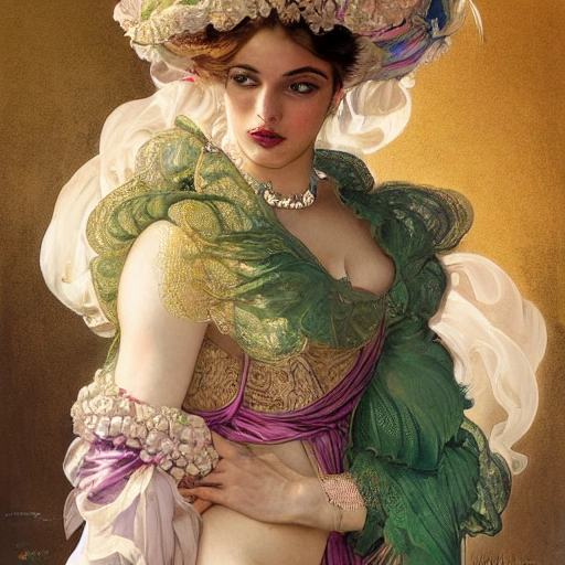 a professional portrait of extremely beautiful women clothed in lavish clothes during Venetian carnival, venice landscape, green, sunset, beautiful bone structure, symmetrical facial features, intricate, elegant, digital painting, concept art, smooth, sharp focus, finely detailed, cinematic lights, cinematic render, close up, art by greg rutkowski and alphonse mucha and william - adolphe bouguereau