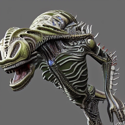 Highly detailed and photorealistic 3D rendering of aliens with an emphasis on intricate details and complex structures of the creature. The rendering can be created using a combination of 3D modeling and rendering software, resulting in a very realistic and immersive image.