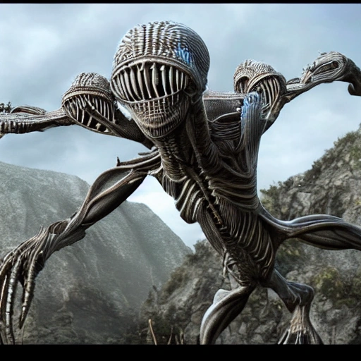 Highly detailed and photorealistic 3D rendering of aliens with an emphasis on intricate details and complex structures of the creature. The rendering can be created using a combination of 3D modeling and rendering software, resulting in a very realistic and immersive image.