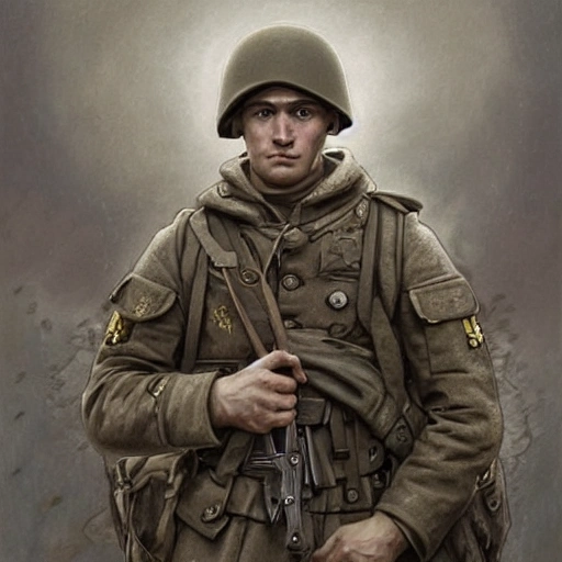 Perfect drawing of a brave Ukrainian soldier after victory in the great war, wearing a coat of arms of Ukraine, complex, highly detailed, 3D, popular on artstation, complex, elegant, highly detailed, digital painting, artstation, concept art, smooth, sharp focus, illustration , art by artgerm and greg rutkowski and Alfons Mucha, 8k