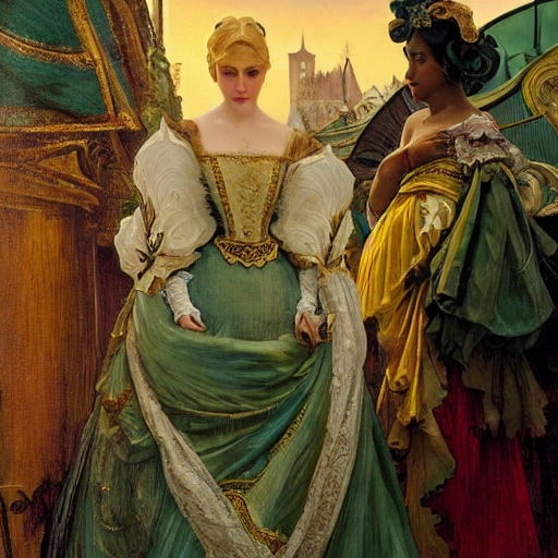 a professional portrait of extremely beautiful women clothed in lavish clothes during Venetian carnival, venice landscape, green, sunset, beautiful bone structure, symmetrical facial features, intricate, elegant, digital painting, concept art, smooth, sharp focus, finely detailed, cinematic lights, cinematic render, close up, art by greg rutkowski and alphonse mucha and william - adolphe bouguereau