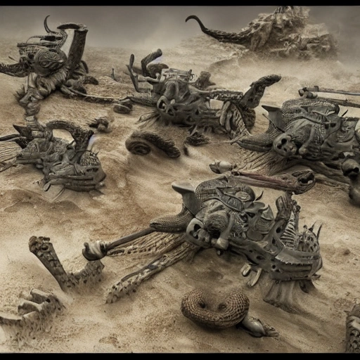 Highly detailed and photorealistic 3D rendering of war action with an emphasis on intricate details and complex creature structures. The rendering can be created using a combination of 3D modeling and rendering software, resulting in a very realistic and immersive image.