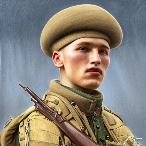 Perfect drawing of a brave Ukrainian soldier after victory in the great war, wearing a coat of arms of Ukraine, complex, highly detailed, 3D, popular on artstation, complex, elegant, highly detailed, digital painting, artstation, concept art, smooth, sharp focus, illustration , art by artgerm and greg rutkowski and Alfons Mucha, 8k