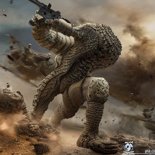 Highly detailed and photorealistic 3D rendering of war action with an emphasis on intricate details and complex creature structures. The rendering can be created using a combination of 3D modeling and rendering software, resulting in a very realistic and immersive image.