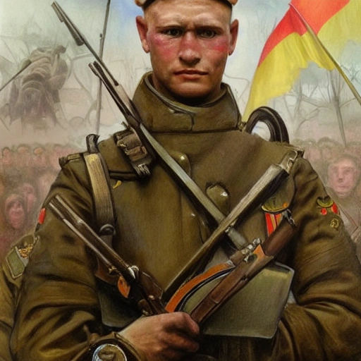 Perfect drawing of a brave Ukrainian soldier after victory in the great war, wearing a coat of arms of Ukraine, complex, highly detailed, 3D, popular on artstation, complex, elegant, highly detailed, digital painting, artstation, concept art, smooth, sharp focus, illustration , art by artgerm and greg rutkowski and Alfons Mucha, 8k