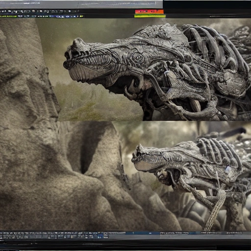 Highly detailed and photorealistic 3D rendering of war action with an emphasis on intricate details and complex creature structures. The rendering can be created using a combination of 3D modeling and rendering software, resulting in a very realistic and immersive image.