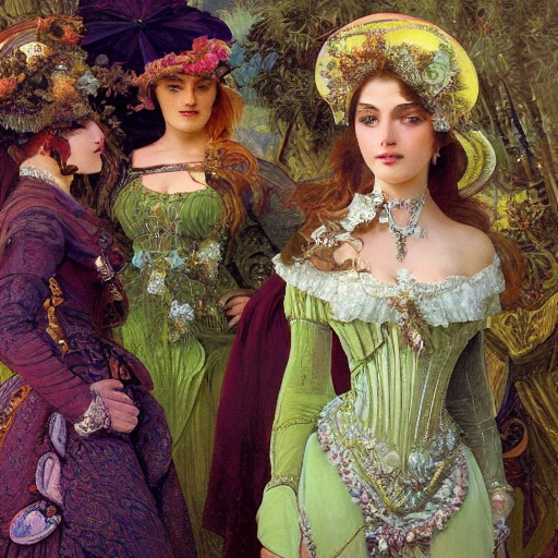 a professional portrait of extremely beautiful women clothed in lavish clothes during Venetian carnival, venice landscape, green, sunset, beautiful bone structure, symmetrical facial features, intricate, elegant, digital painting, concept art, smooth, sharp focus, finely detailed, cinematic lights, cinematic render, close up, art by greg rutkowski and alphonse mucha and william - adolphe bouguereau