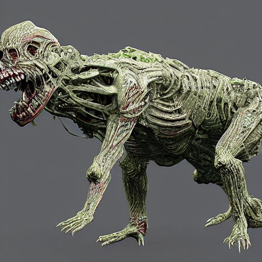 A highly detailed and photorealistic 3D rendering of a Russian military zombie-like creature with an emphasis on the creature's intricate details and complex structures. The rendering can be created using a combination of 3D modeling and rendering software, resulting in a very realistic and immersive image.