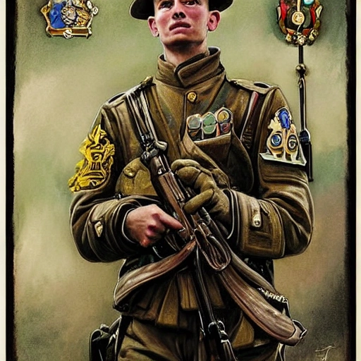 Perfect drawing of a brave Ukrainian soldier after victory in the great war, wearing a coat of arms of Ukraine, complex, highly detailed, 3D, popular on artstation, complex, elegant, highly detailed, digital painting, artstation, concept art, smooth, sharp focus, illustration , art by artgerm and greg rutkowski and Alfons Mucha, 8k