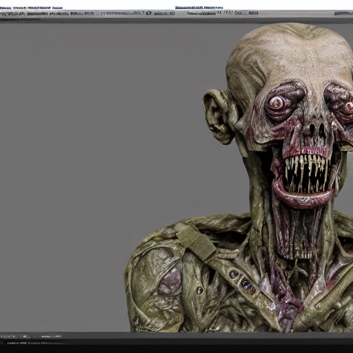 A highly detailed and photorealistic 3D rendering of a Russian military zombie-like creature with an emphasis on the creature's intricate details and complex structures. The rendering can be created using a combination of 3D modeling and rendering software, resulting in a very realistic and immersive image.