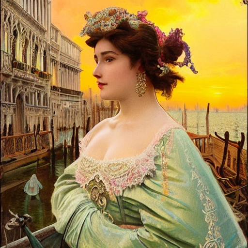 a professional portrait of extremely beautiful women clothed in lavish clothes during Venetian carnival, venice landscape, green, sunset, beautiful bone structure, symmetrical facial features, intricate, elegant, digital painting, concept art, smooth, sharp focus, finely detailed, cinematic lights, cinematic render, close up, art by greg rutkowski and alphonse mucha and william - adolphe bouguereau
