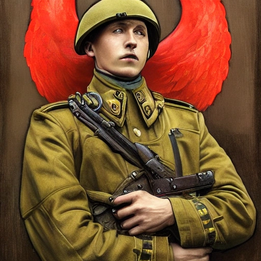 Perfect drawing of a brave Ukrainian soldier after victory in the great war, wearing a coat of arms of Ukraine, complex, highly detailed, 3D, popular on artstation, complex, elegant, highly detailed, digital painting, artstation, concept art, smooth, sharp focus, illustration , art by artgerm and greg rutkowski and Alfons Mucha, 8k