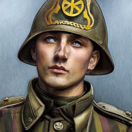 Perfect drawing of a brave Ukrainian soldier after victory in the great war, wearing a coat of arms of Ukraine, complex, highly detailed, 3D, popular on artstation, complex, elegant, highly detailed, digital painting, artstation, concept art, smooth, sharp focus, illustration , art by artgerm and greg rutkowski and Alfons Mucha, 8k