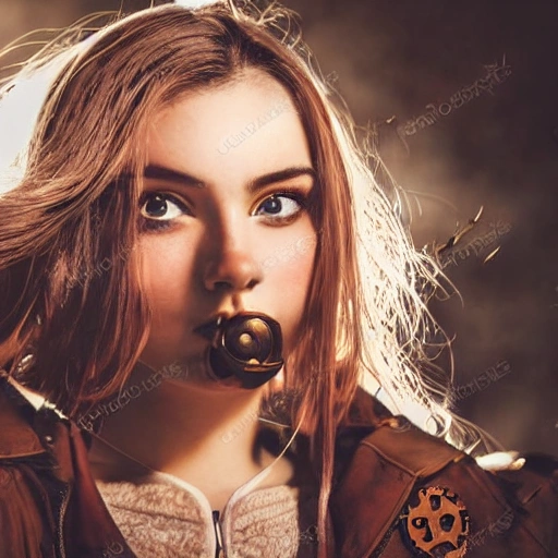 detailed, close up portrait of girl standing in a steampunk city with the wind blowing in her hair, cinematic warm color palette, spotlight, perfect symmetrical face