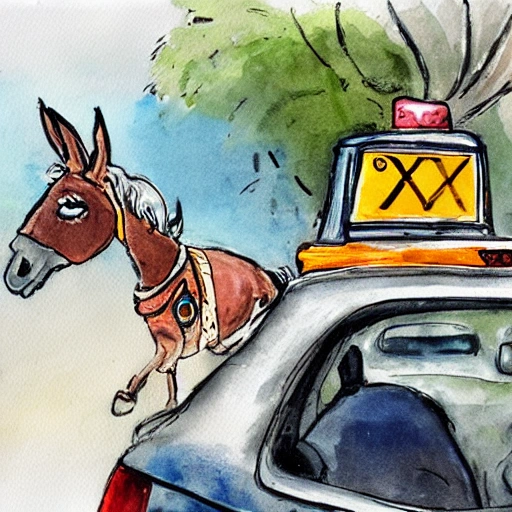 Donkey riding a taxi, Water Color