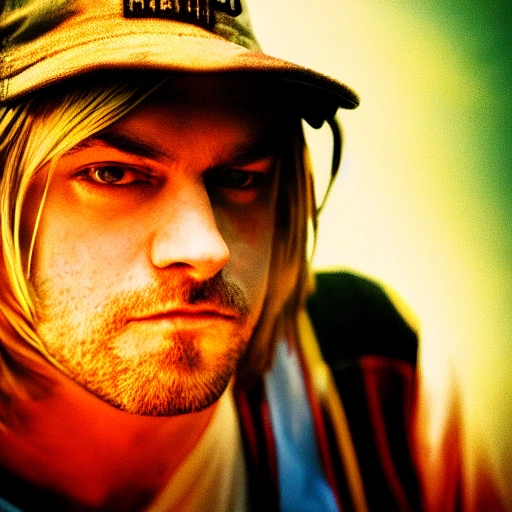 A portrait of Kurt Cobain with a gun, Color Grading, Dramatic, Film Grain, Glamor Shot, Golden Hour, HD, Lens Flare, Macro, Photoshoot, Studio Lighting