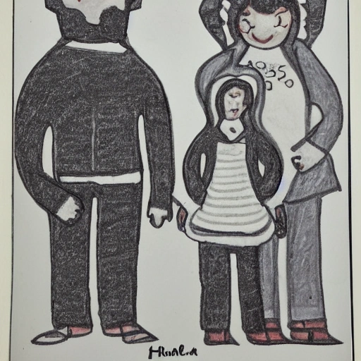 Dibujo de Familia de 5 personas.
Madre 65 años, 1.60cm. padre 66 años, canoso 1.78 cm. 
Hermano mayor 1.78cm, pelo negro y blanco. 
Hermana, 1.60cm pelo castaño,.
Hermano menor 1.70cm, pelo castaño. 