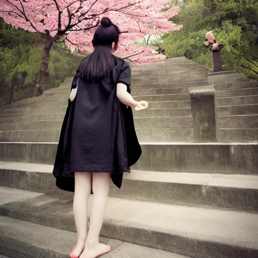 ((masterpiece,best quality)),2girls, black kimono, black legwear, black ribbon, black hair, cherry blossoms, day, flower, hair bun, hair ribbon, japanese clothes, kimono, long hair, looking at viewer, looking back, multiple girls, obi, outdoors, red eyes, red hair, ribbon, sandals, single hair bun, stairs, standing, statue, torii, tree, white kimono, yellow eyes