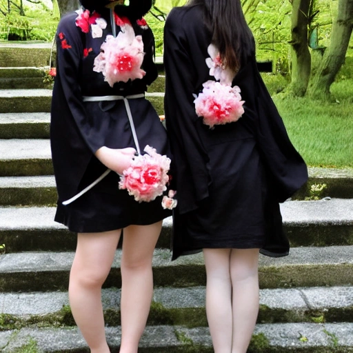 ((masterpiece,best quality)),2girls, black kimono, black legwear, black ribbon, black hair, cherry blossoms, day, flower, hair bun, hair ribbon, japanese clothes, kimono, long hair, looking at viewer, looking back, multiple girls, obi, outdoors, red eyes, red hair, ribbon, sandals, single hair bun, stairs, standing, statue, torii, tree, white kimono, yellow eyes