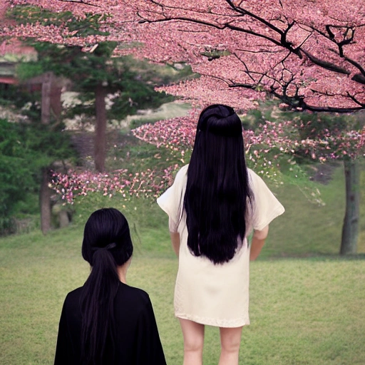 ((masterpiece,best quality)),2girls, black kimono, black legwear, black ribbon, black hair, cherry blossoms, day, flower, hair bun, hair ribbon, japanese clothes, kimono, long hair, looking at viewer, looking back, multiple girls, obi, outdoors, red eyes, red hair, ribbon, sandals, single hair bun, stairs, standing, statue, torii, tree, white kimono, yellow eyes, Cartoon