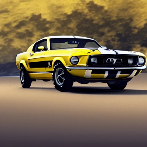 Ford Mustang Boss 429, Ford Mustang Mustang GT 1970,Production I, wide angle, super highly detailed, professional digital painting, artstation, concept art, smooth, sharp focus, no blur, no dof, extreme illustration, Unreal Engine 5, Photorealism, HD quality, 8k resolution, cinema 4d, 3D, beautiful, cinematic, art by artgerm and greg rutkowski and alphonse mucha and loish and WL