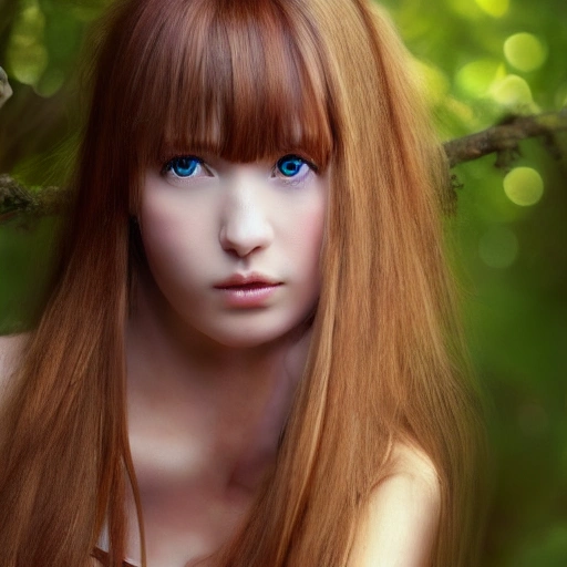 girl, supper relistic,ginger,forest,beautiful eyes, breast,detail long hair