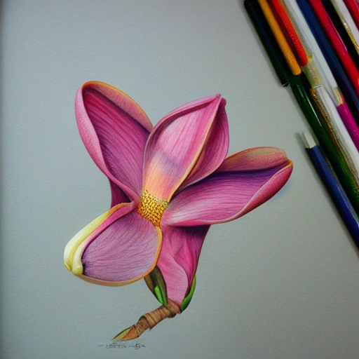 Colored pencil art on paper, Magnolia, highly detailed, artstation, MasterPiece, Award-Winning, Caran d'Ache Luminance