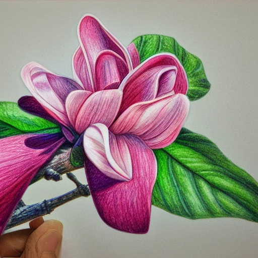 Colored pencil art on paper, Magnolia, highly detailed, artstation, MasterPiece, Award-Winning, Caran d'Ache Luminance