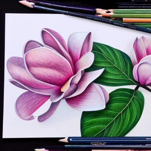 Colored pencil art on paper, Magnolia, highly detailed, artstation, MasterPiece, Award-Winning, Caran d'Ache Luminance, leaf