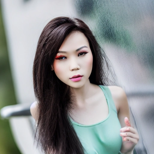 intricate vietnamese woman, 8k ,supper relistic eyes,mint skin condition,long silky black hair, natural look,humble face,sharp eyes brown, photographic ,full detailed body shape ,transparent clothes, racing car background,wind blowing her hair, breast