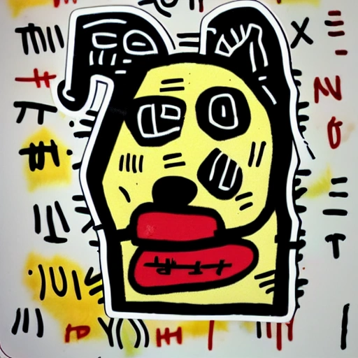 dog sticker in Jean-Michel Basquiat style, sticker is places on blank background