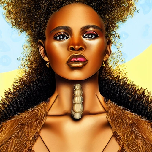 detail portrait of brown girl, beautifull, long lashes, queen syle, hyperrealistic, curly hear, futuristic city, highlights, details of gold and stones