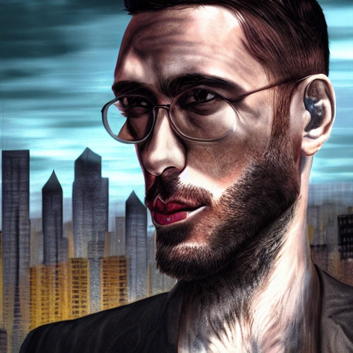 detail portrait of man, handsome, king style, hyperrealistic,  futuristic city, highlights, punk