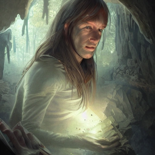 neandertal coding on laptop in the cave artstation, au naturel, blue eyes, hyper detailed, digital art, trending in artstation, cinematic lighting, studio quality, smooth render, unreal engine 5 rendered, octane rendered, concept art, smooth, sharp focus, illustration, art by artgerm and greg rutkowski and alphonse mucha and ian sprigger and wlop and krenz cushart, 3D, Trippy