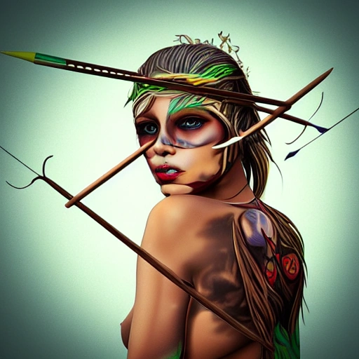 , 3D, Trippy, tattoo covered woman, light blue eyes, brown skin, bow and wood arrow, trees, deadly look, warrior body, perfect body