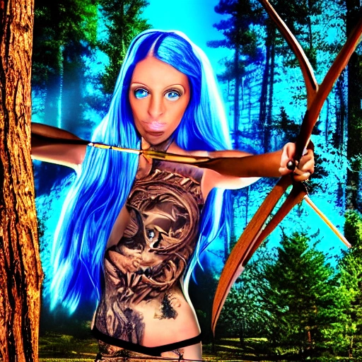 , 3D, Trippy, tattoo covered woman, beautifull blue eyes, brown skin, bow and wood arrow, trees, warrior body, perfect body, front facing