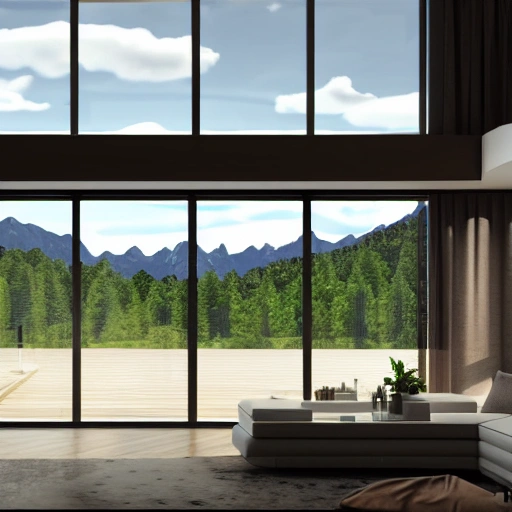 A transparent luxurious living room with big windows and a lot of nature with a viewpoint towards giant cloudy mountains, render, 8k