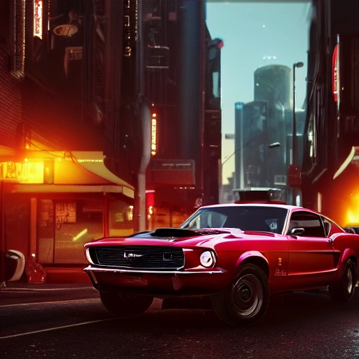 John Wick stands next to a Ford Mustang Boss 429 and drinks coffee, high resolution, octane render, soft studio light, 16:9, HD, 8k, photorealism, wide shot, 35mm, cinematic, beautiful studio soft light, hyperrealistic, cyberpunk city, mdjrny-v4 style