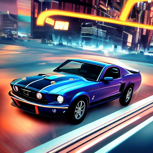 Ford Mustang Boss 429 flying, high resolution, octane render, soft studio light, 16:9, HD, 8k, photorealism, wide shot, 35mm, cinematic, beautiful studio soft light, hyperrealistic, cyberpunk city, mdjrny-v4 style, Trippy, 3D, Oil Painting