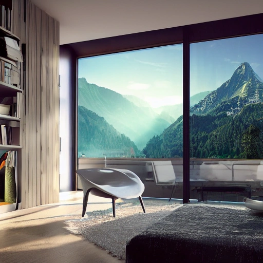 A futuristic room with a viewpoint towards an Outdoor setting as in Swiss landscapes, hyper-realistic render, 
photo realism, Achitecture