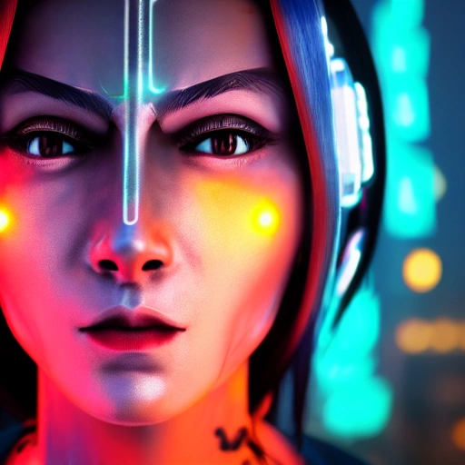 side close up portrait of 1 cyberpunk girl, detailed face, spotlight, cyberpunk city, wired, multicolored, vibrant high contrast, hyperrealistic, photografic, 8k, epic ambient light, octane render